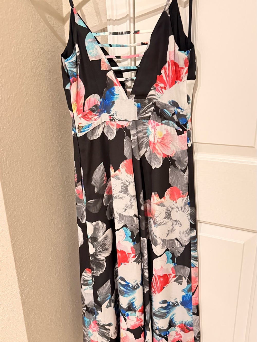 bebe Black Floral Maxi Dress with Pink & Blue Blooms